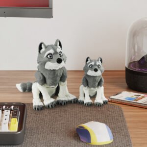 Gray articulated husky 3D printed toy family sitting on a desk