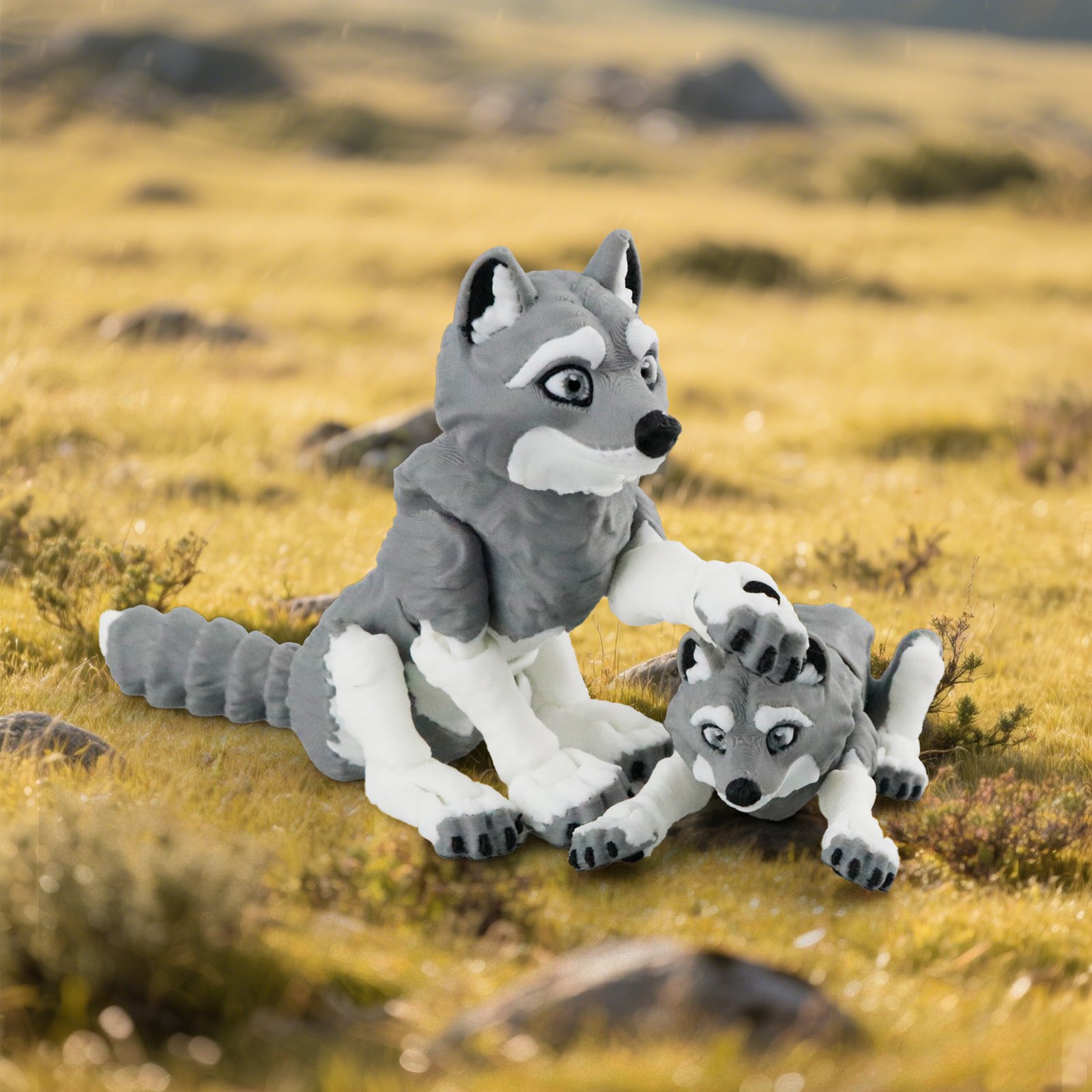 Gray articulated husky 3D printed toy family in grass scene