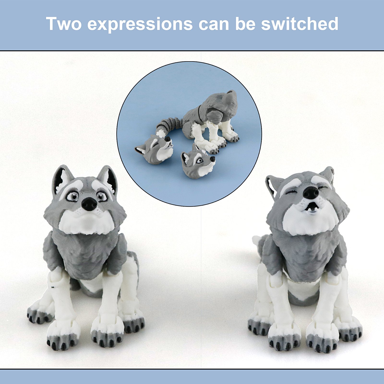 Gray articulated husky 3D printed toy with two expression options