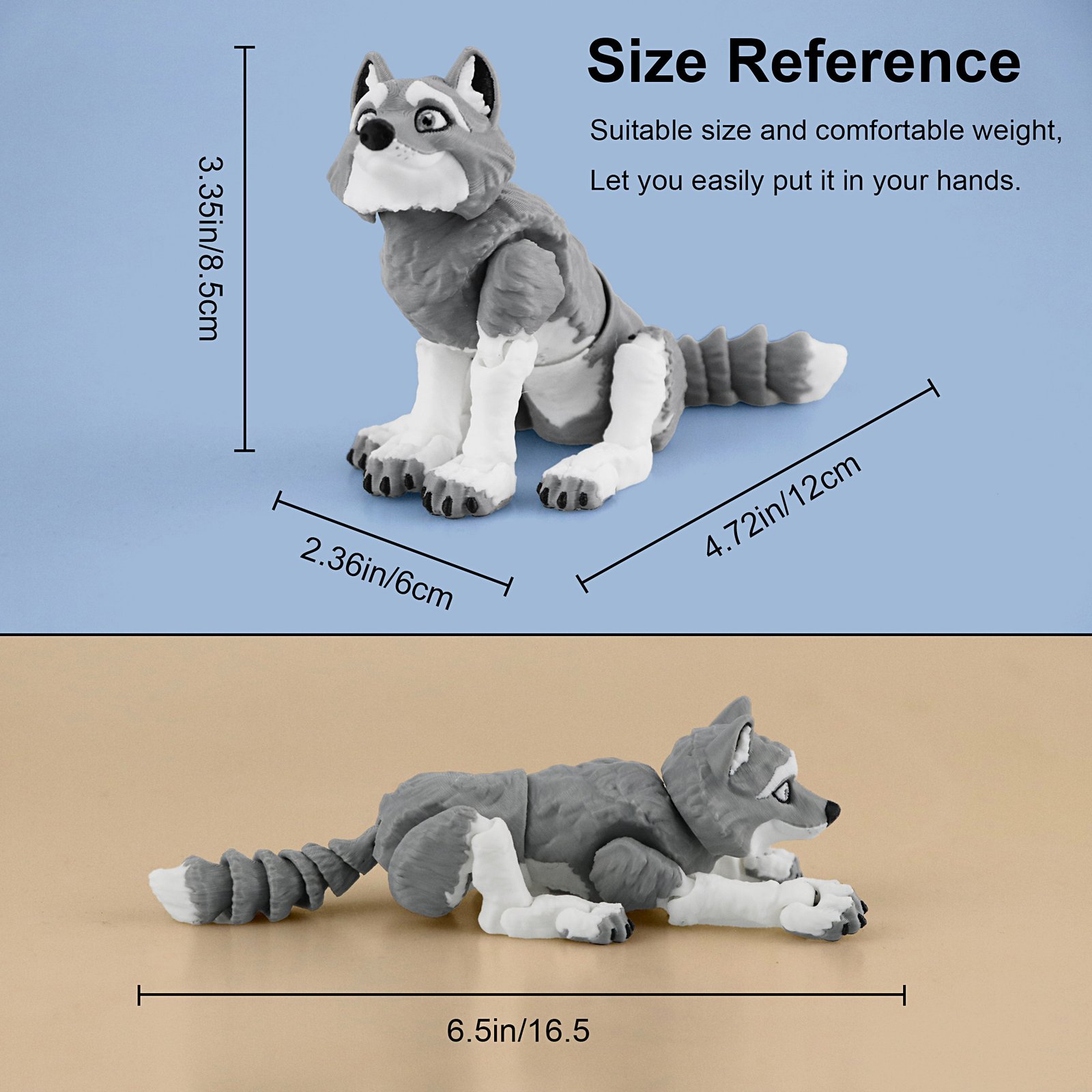 Gray articulated husky 3D printed toy size reference