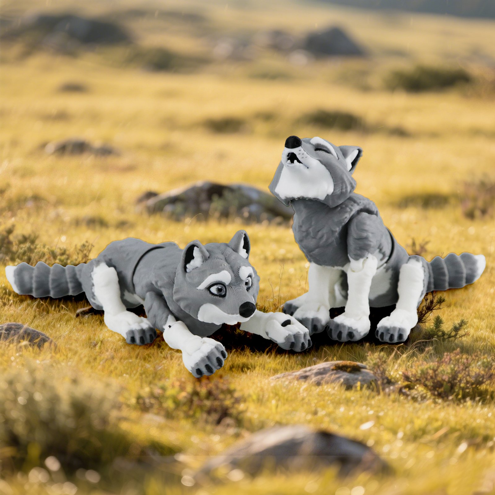 Gray articulated husky 3D printed toy play pose in grass