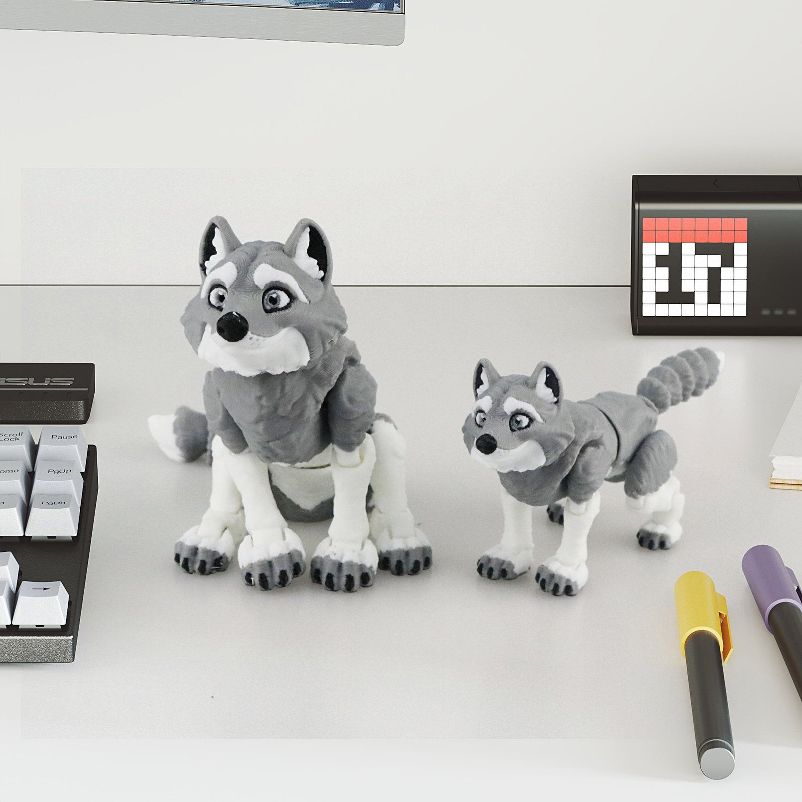 Gray articulated husky 3D printed toy family desk display