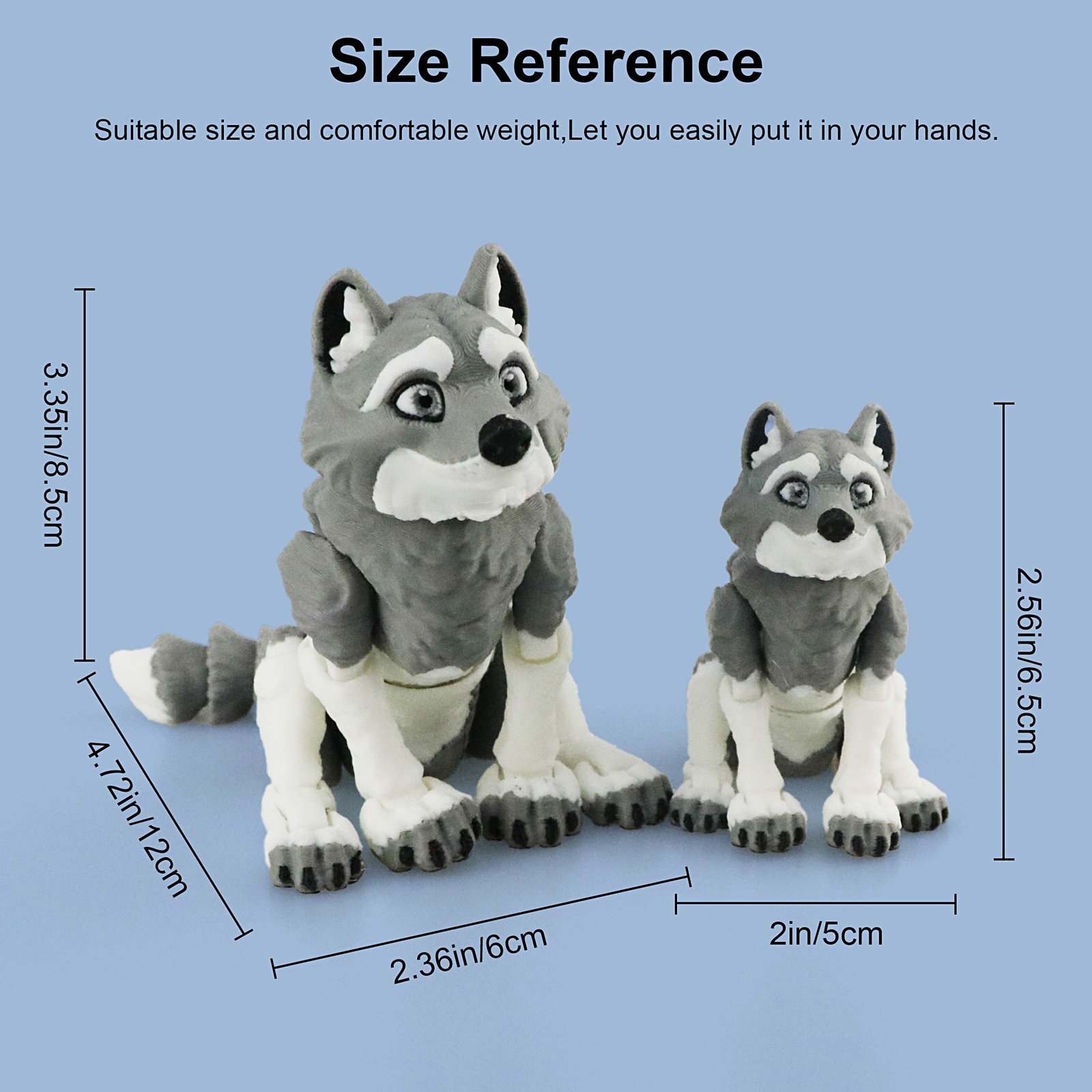 Gray articulated husky 3D printed toy family size reference