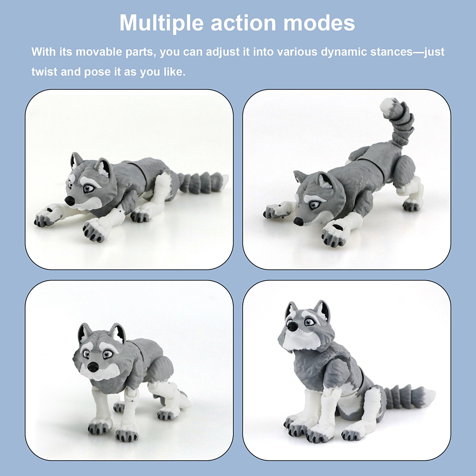 Gray articulated husky 3D printed toy multiple action modes