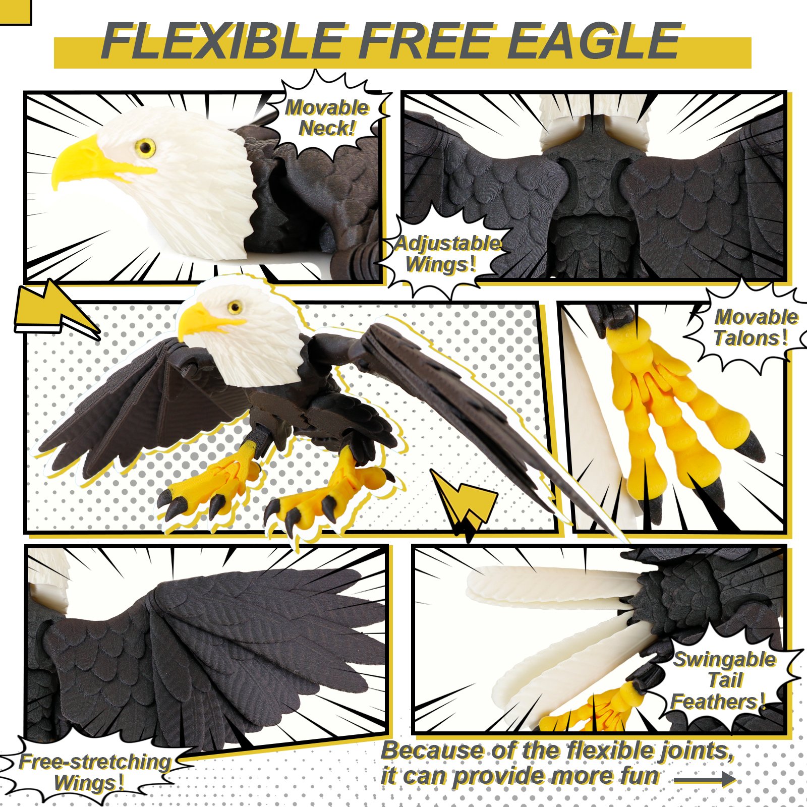 Flexible 3D printed eagle toy wing and pose display