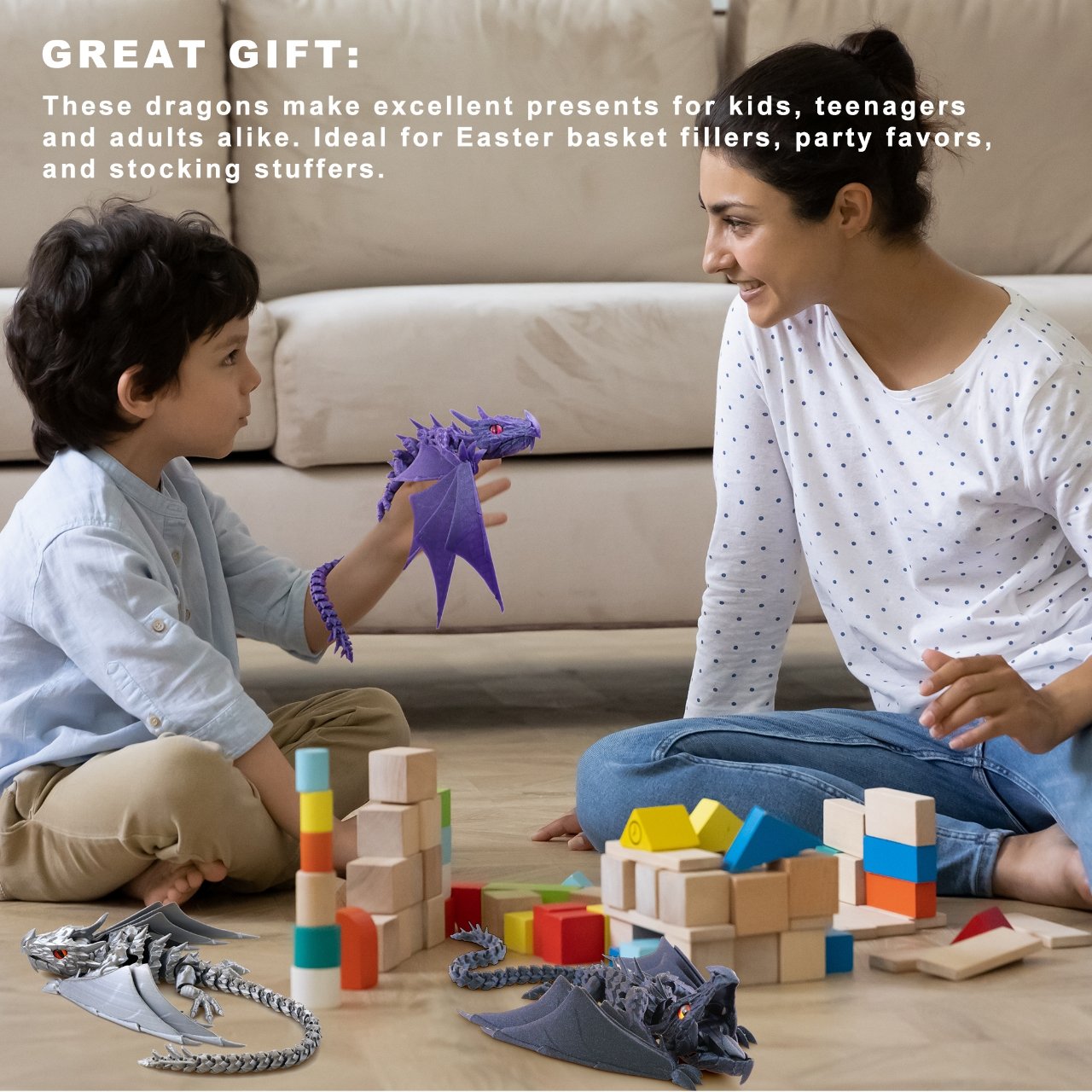 Child playing with a purple 3D printed dragon toy at home