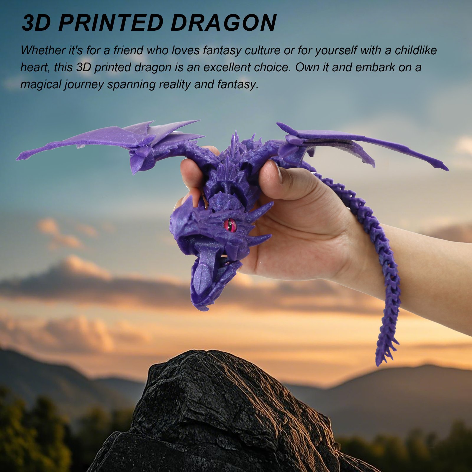 Purple articulated dragon 3D printed toy fantasy scene