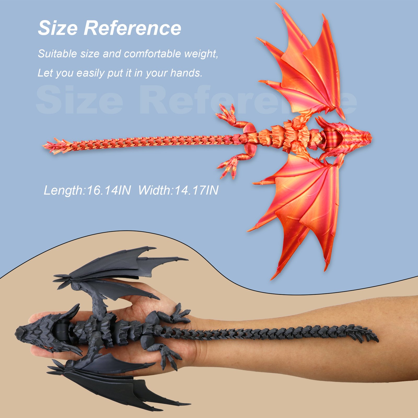Articulated dragon 3D printed toy size reference graphic