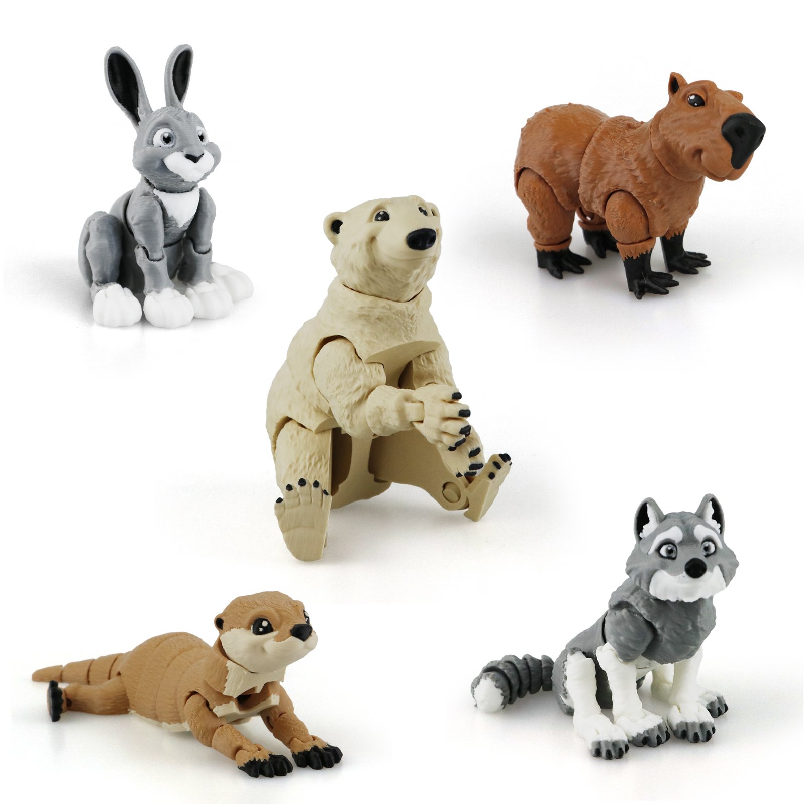 Collection of articulated 3D printed animal toys