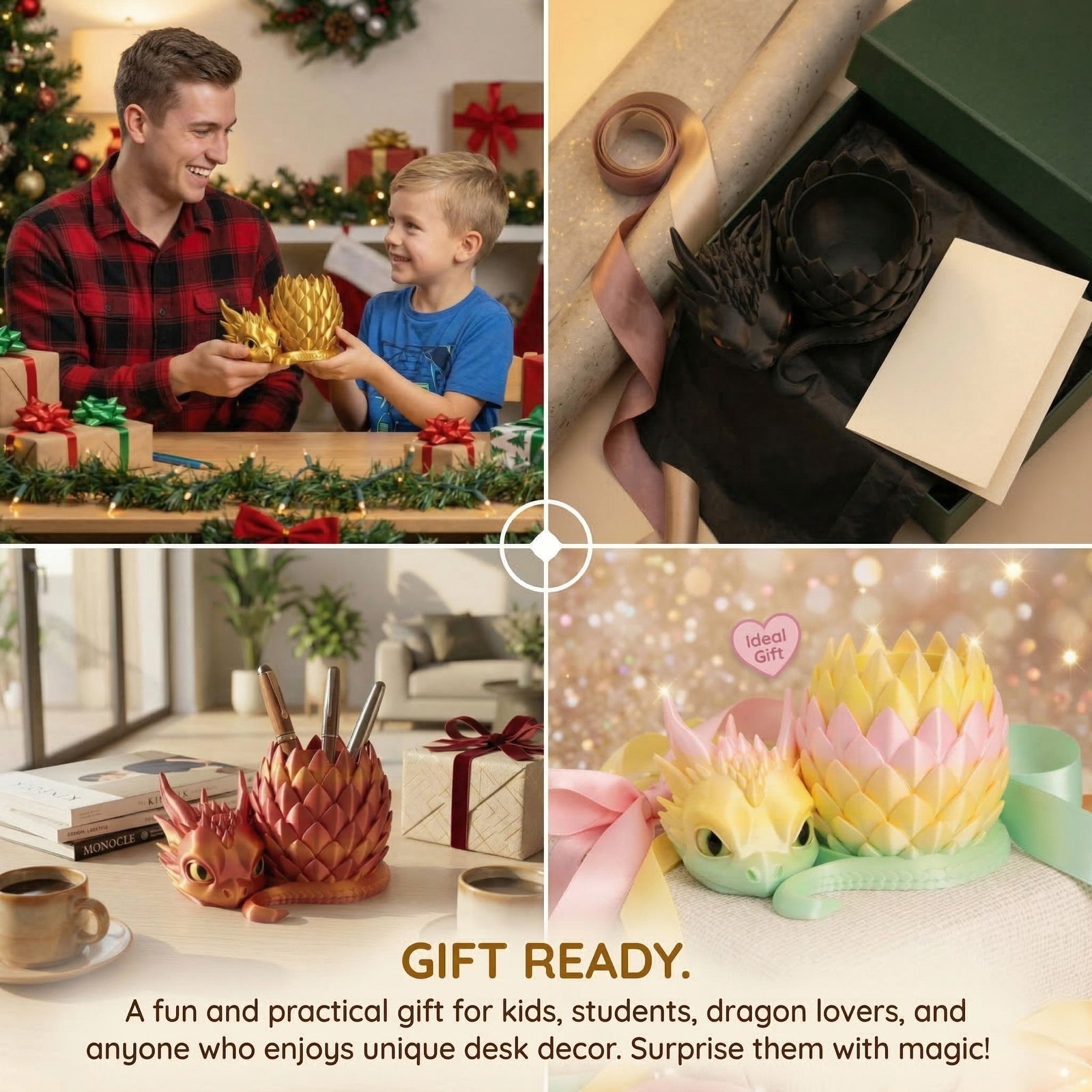 3D printed dragon desk organizer gift ready lifestyle collage