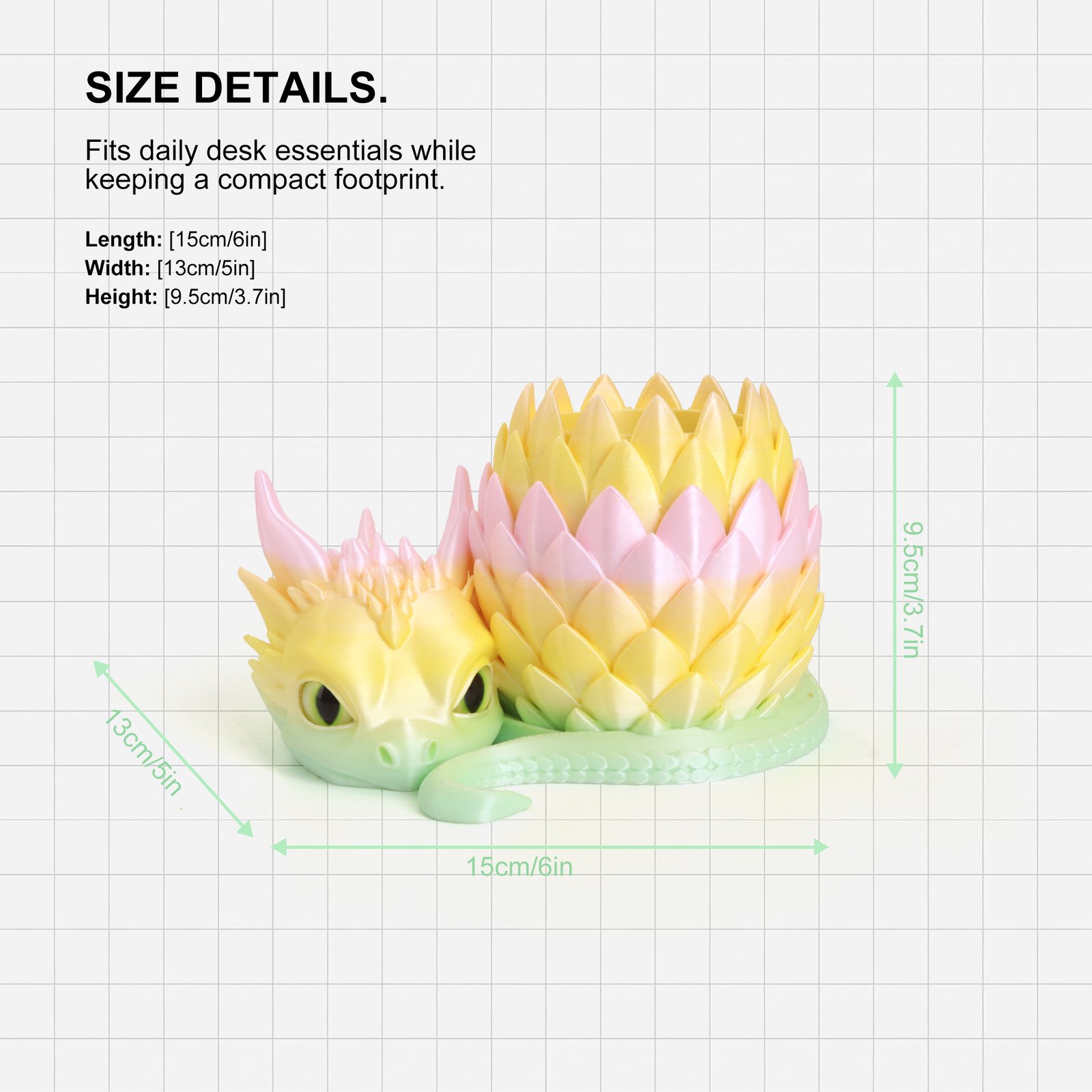 Rainbow dragon desk organizer size details graphic