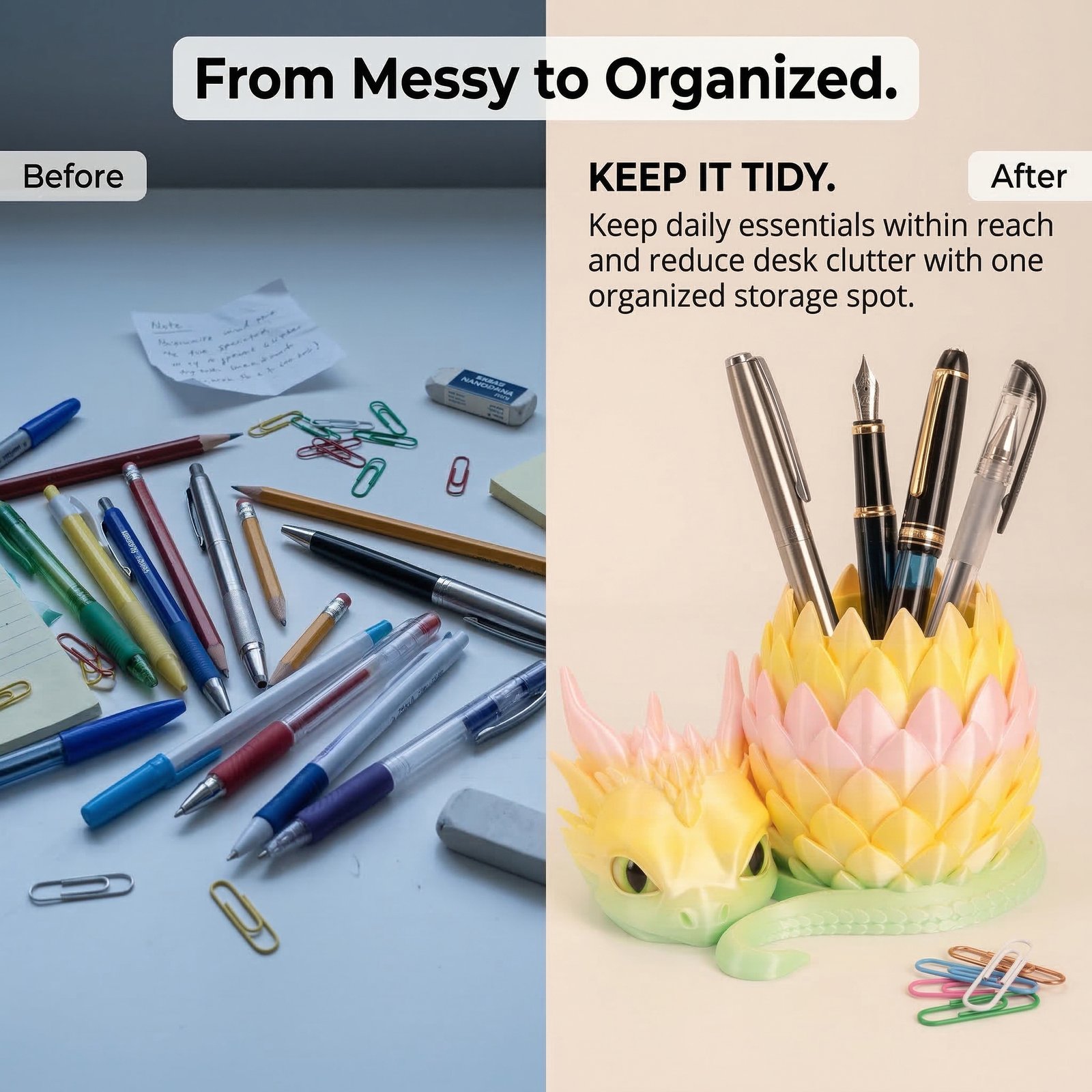Before and after desk organization with a dragon pencil holder