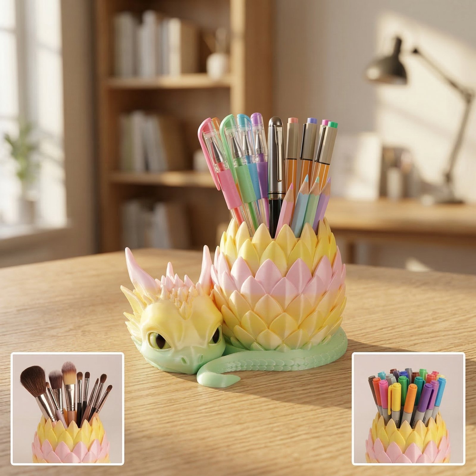 Rainbow dragon desk organizer displayed on a home desk