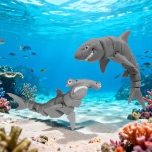Gray articulated shark 3D printed toy ocean scene