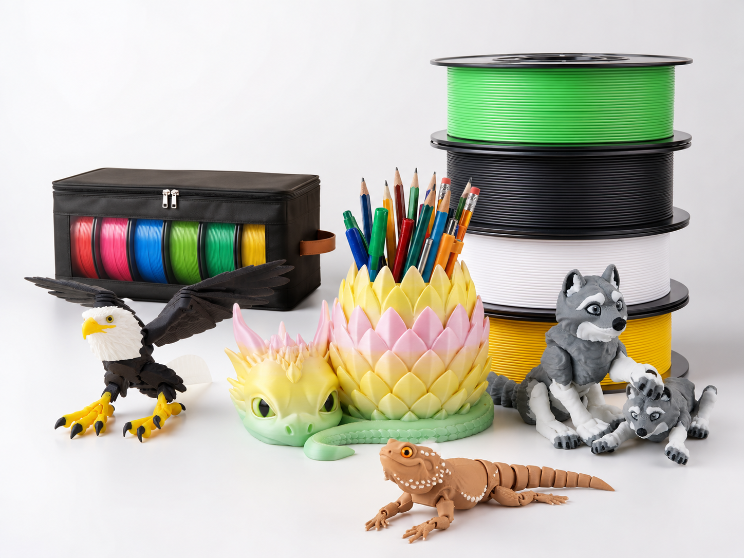 LehuoMaker 3D printed animals, dragon pen holder, filament spools and storage box