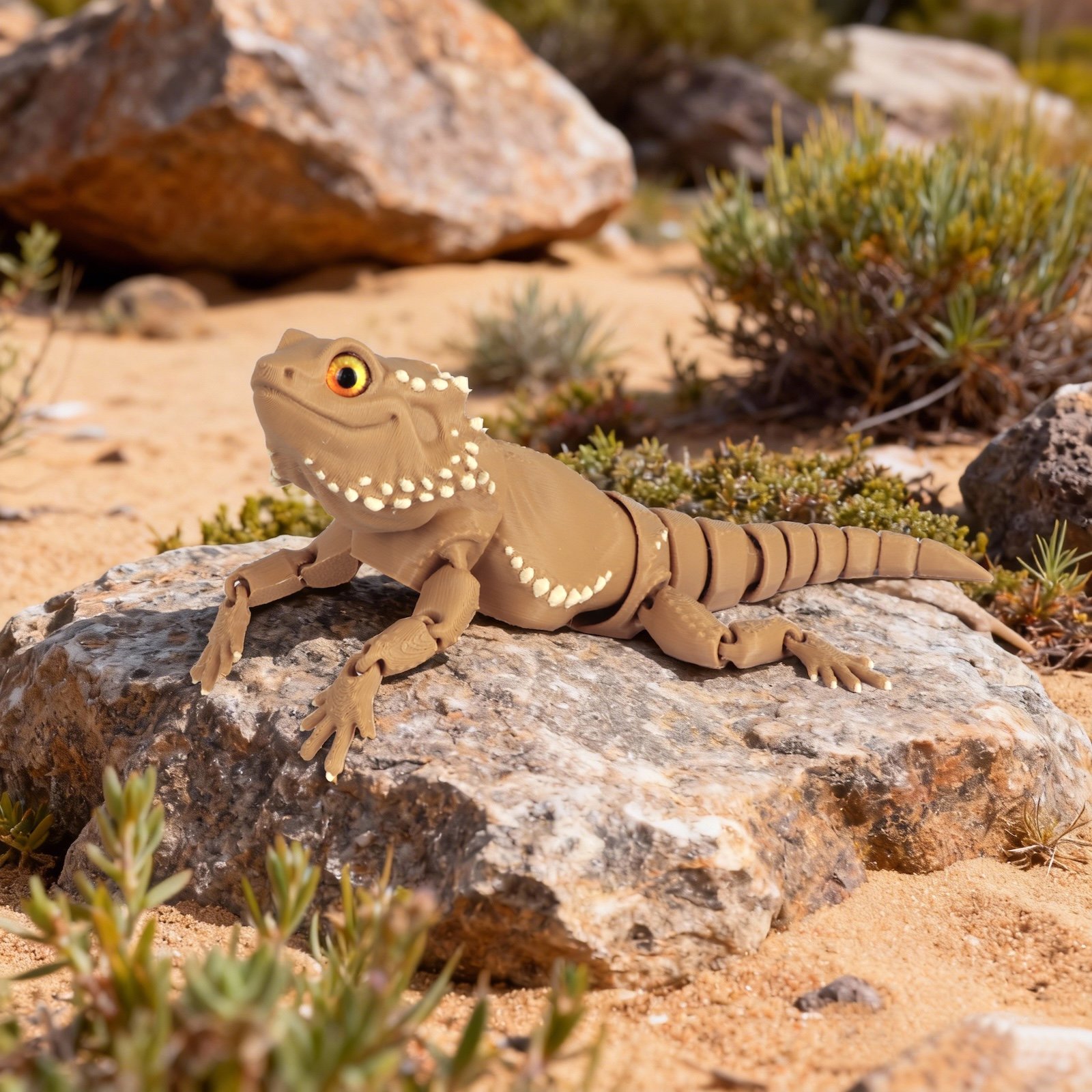 Tan articulated bearded dragon 3D printed model on a rock