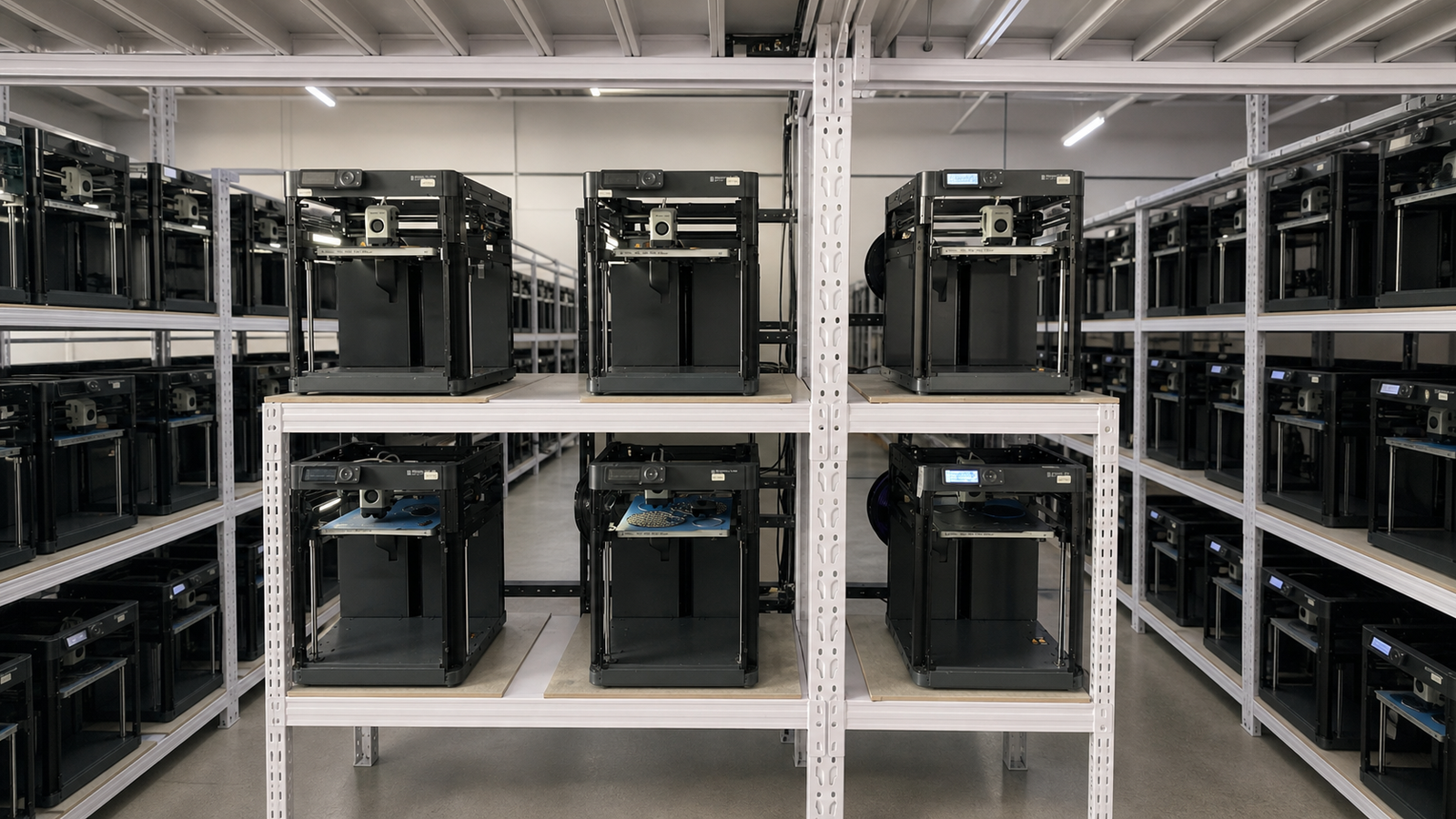 Front view of LehuoMaker FDM 3D printers arranged on production racks