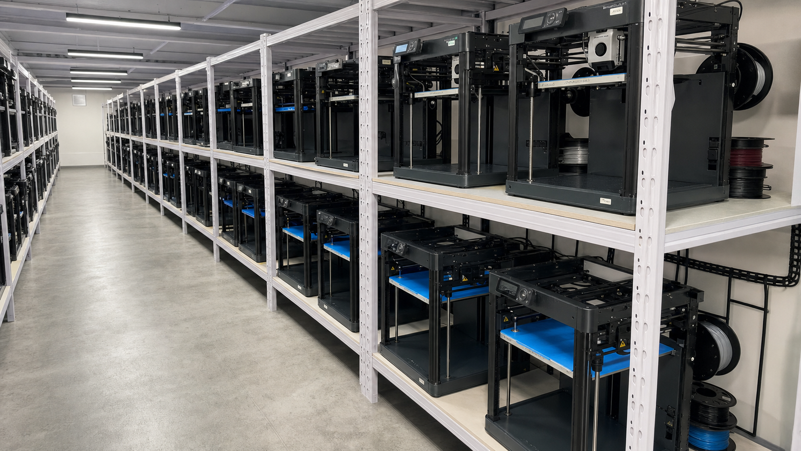 Wide production aisle inside the LehuoMaker FDM 3D printer farm